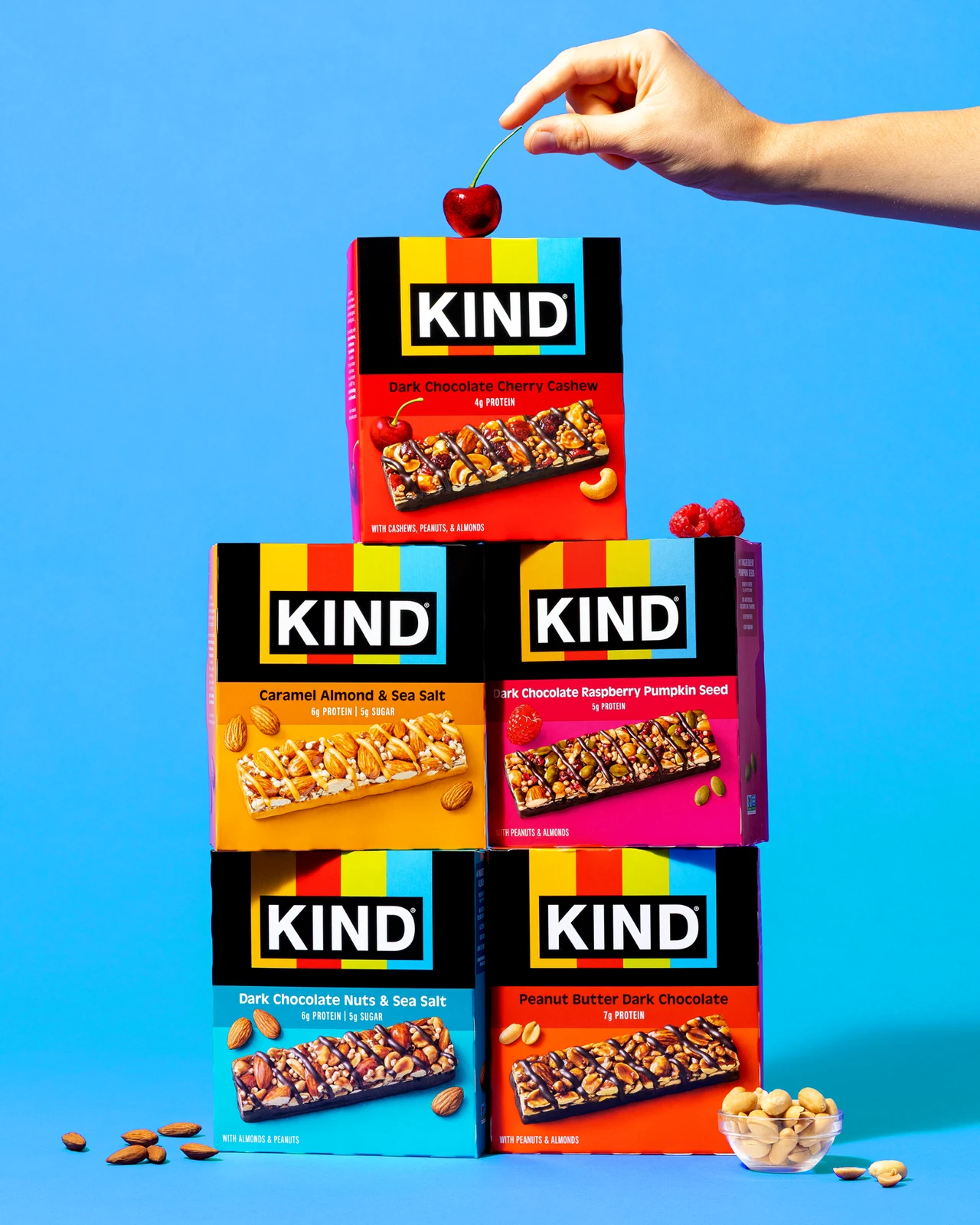 KIND product held against blue background